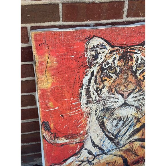 VTG Tiger Portrait Canvas Art Abstract Expressionist Style Red/Orange Background - Picture 2 of 8